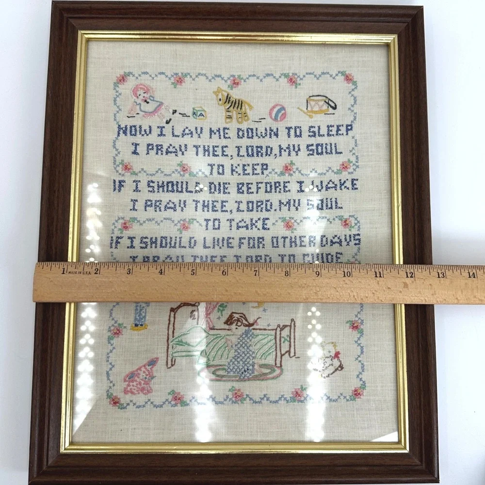 Vtg 1950s Now I Lay Me Down To Sleep Childs Prayer Nursery Cross Stitch Sampler